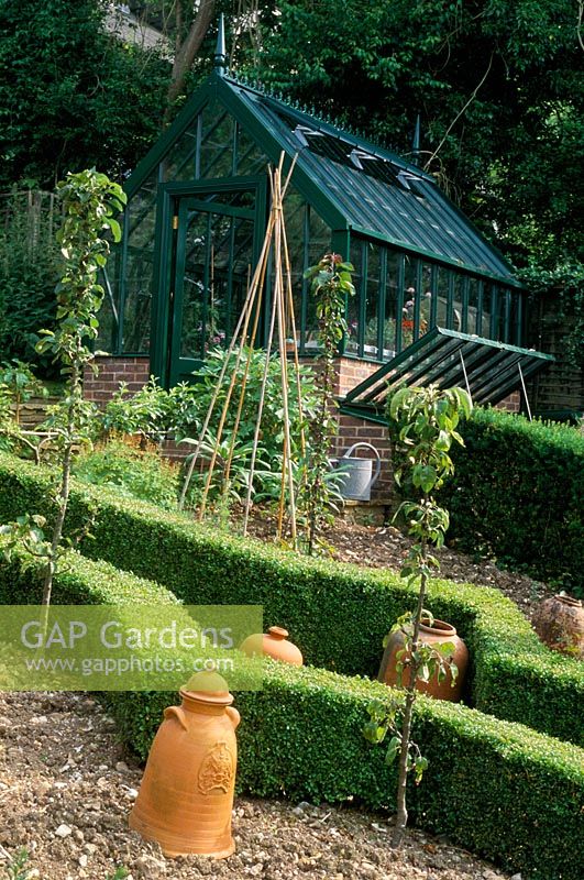 Vegetable garden with view to greenhouse and formal layout of box hedges at Alan Titchmarsh garden in Hampshire