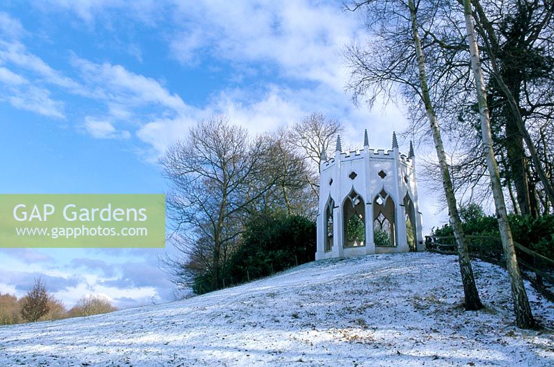 Gothic temple at in winter with snow and frost. Painshill in Surrey