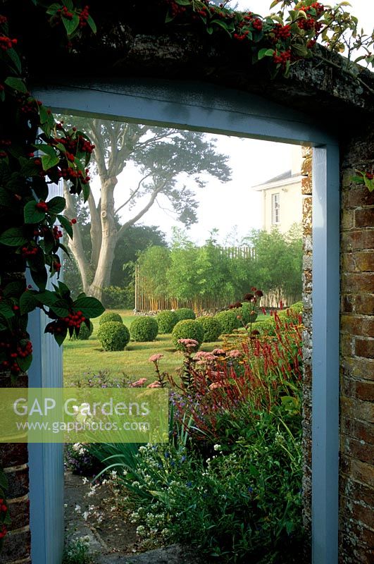 Doorway in wall with view to garden and topiary 