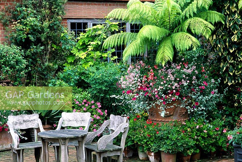 Patio with rustic wooden furniture and containers at East Ruston Old Vicarage 