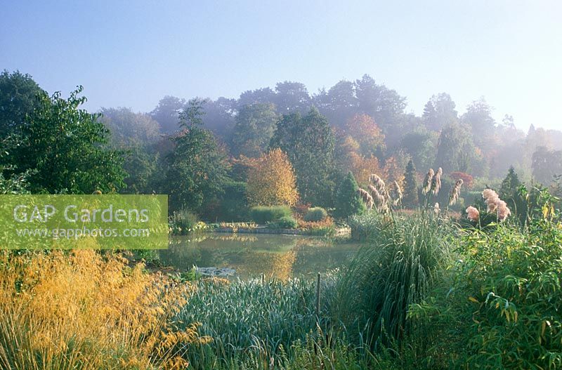 Lake surrounded with autumnal foliage - Hilliers arboretum, Hampshire