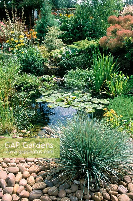 Naturalised garden pond, bank made from cobbles and pebbles