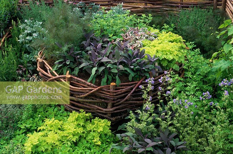 Raised wicker bed with herbs in Red Cross Garden