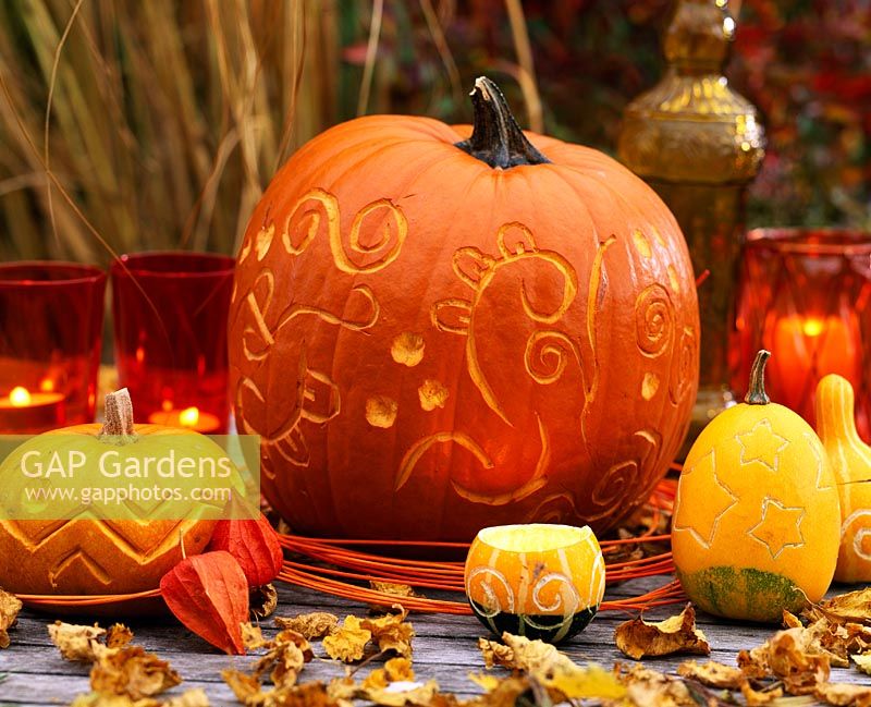 Harvest display with decorated pumpkin and gourds