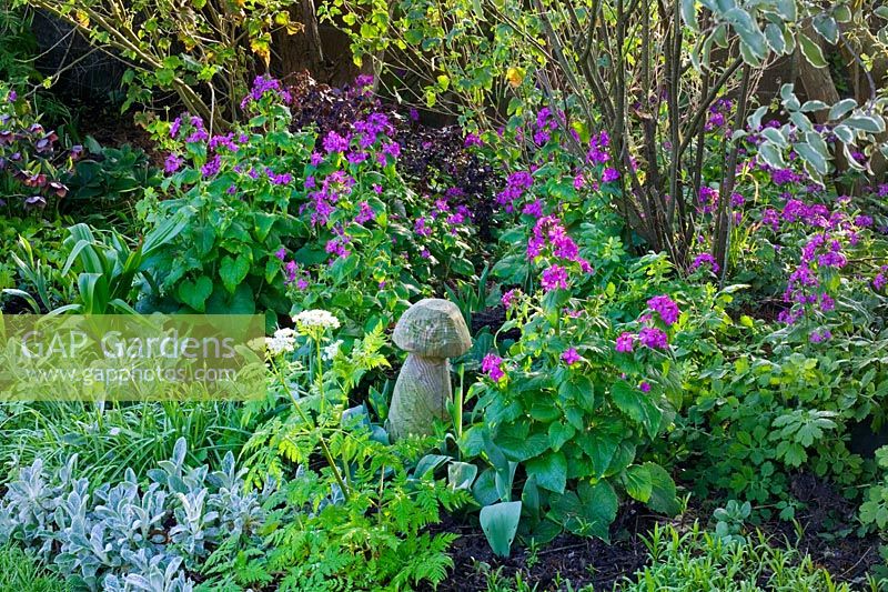 Spring border with small wooden mushroom ornament and Honesty - Lunaria annua