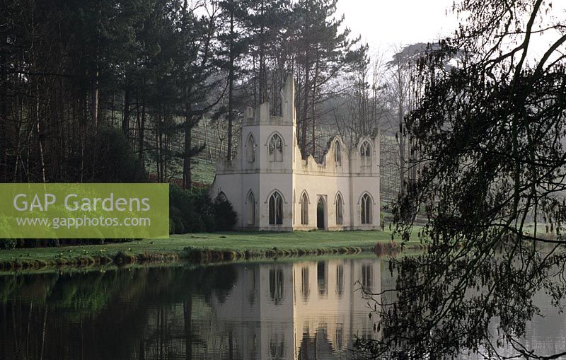 Ruined abbey in landscape garden at Painshill in Surrey
