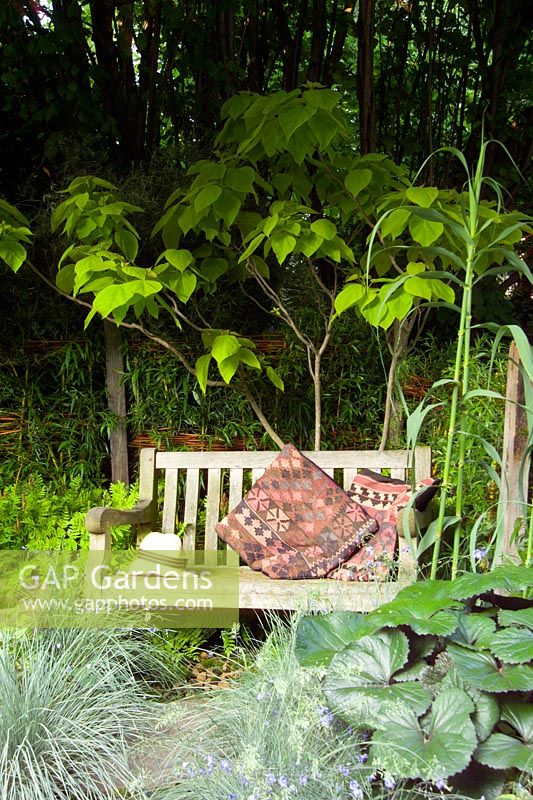 Garden with wooden bench and green foliage planting in Brinsbury Colleges garden at Chelsea FS 2004