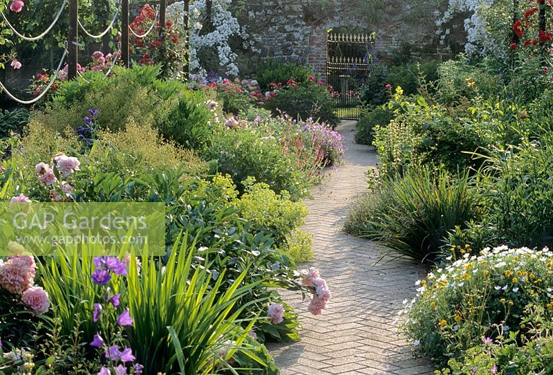 Herringbone path with double herbaceous borders at Coombland, Petworth, Sussex 