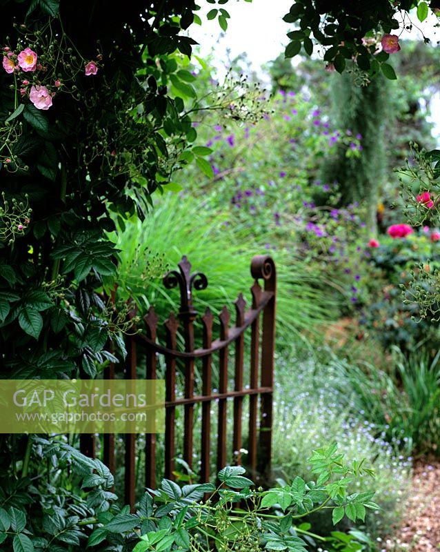 Rustic iron gate at entrance to informal cottage garden