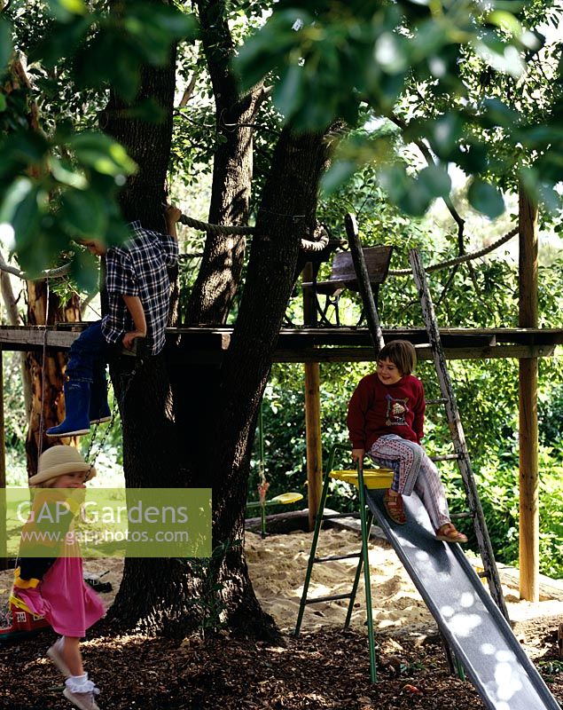 Children playing in their treehouse 