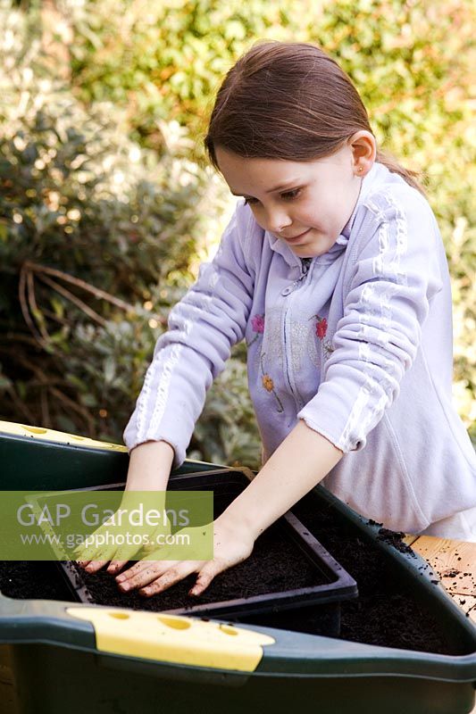 Young girl levelling compost in seed tray