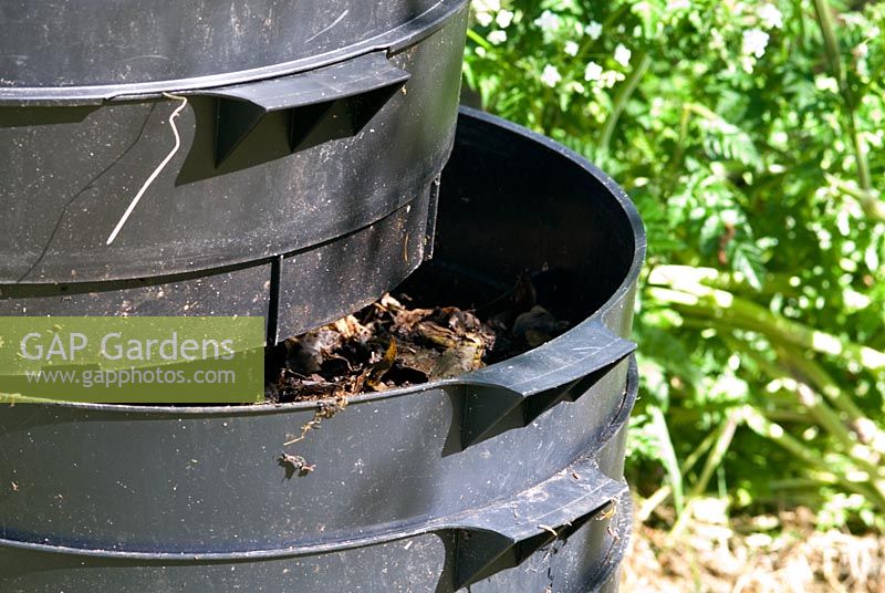 Wormery (Worm Tower or Can-o-worms) used to turn garden and kitchen waste into garden compost by the action of worms. Middle level tray with part worked waste - the majority of the worms are here.