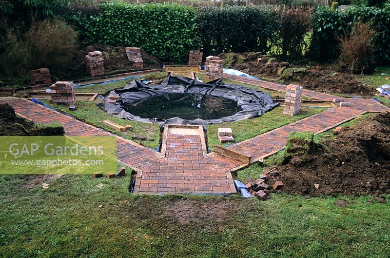 Fairfield, Surrey partial contruction of sacred garden. Layout of paths and pond