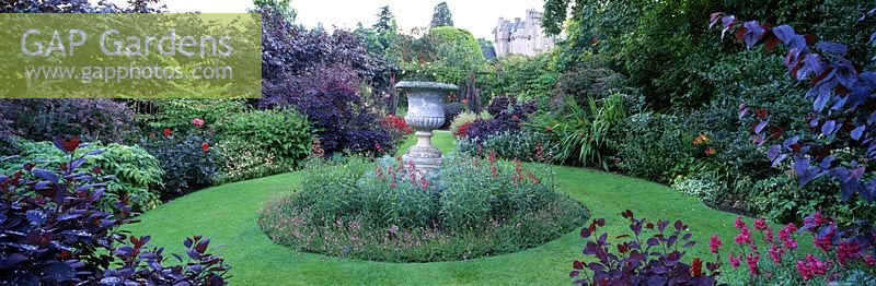 Red Garden and urn - Crathes Castle, Garden and Estate, Banchory, Aberdeenshire, Scotland