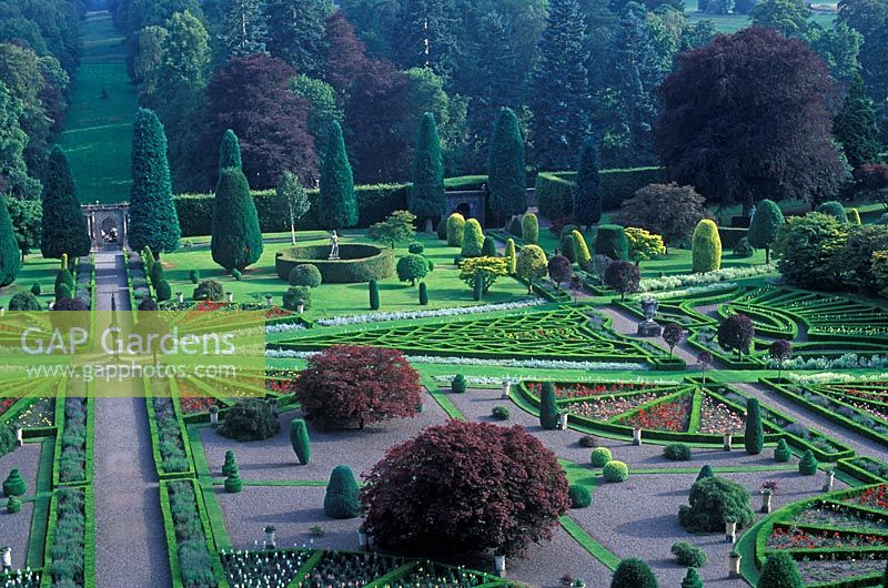 View of formal Gardens in August at Drummond Castle Gardens, Crieff, Scotland