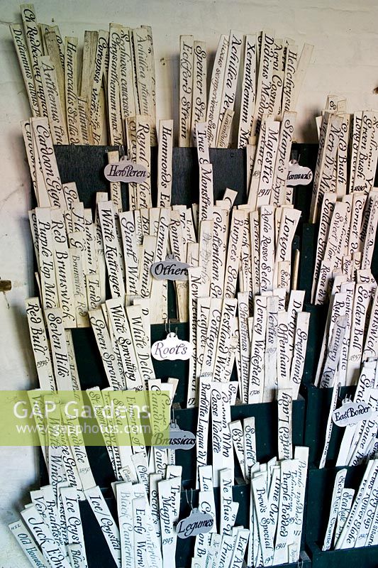 Plant labels in the potting shed at Audley End