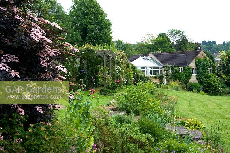 View of house, large garden - Hill Lodge Garden, Batheaston, Somerset 