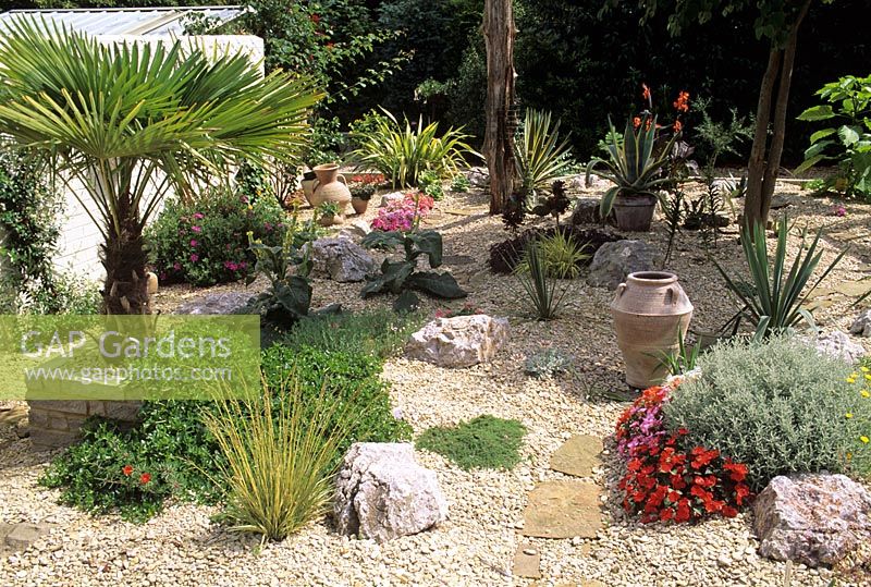 Gravel garden with mediterranean style planting - White Knights, Buckinghamshire