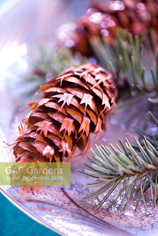 Pinecone with glitter on Christmas plate