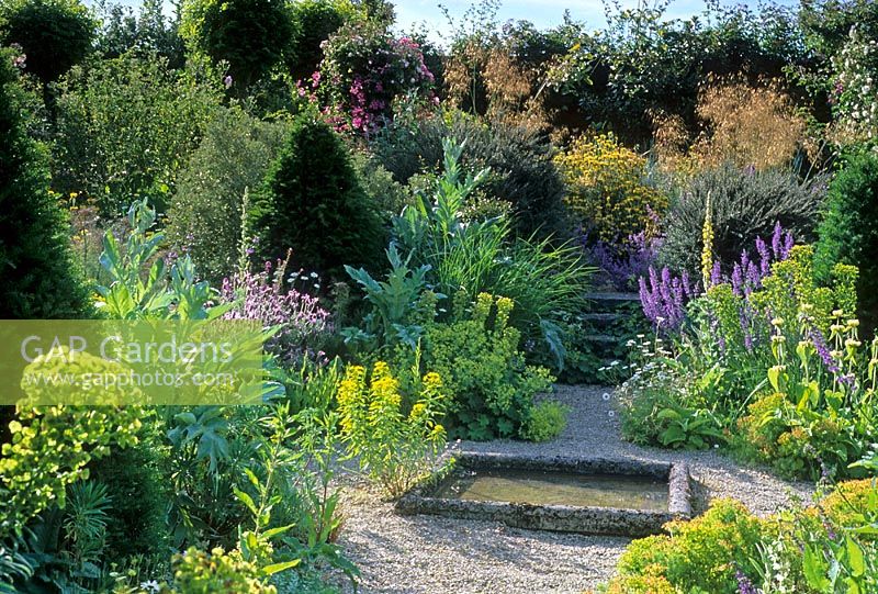Gravel garden with square water feature -  Euphorbias, Verbascum, Grasses and Phlomis fruticosa - The Coach House, Bettiscombe