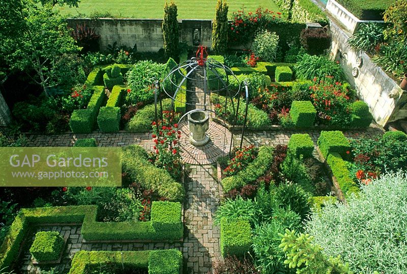 Aerial view of garden with topiary hedges and flowerbeds - Ohinetahi, Christchurch, New Zealand
