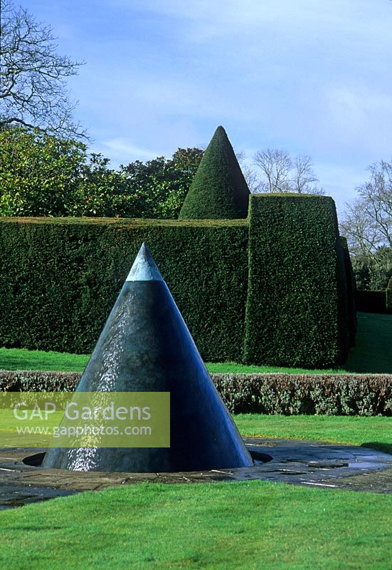 Obelisk water feature by William Pye - Yew hedge in background - Antony House, Torpoint, Cornwall