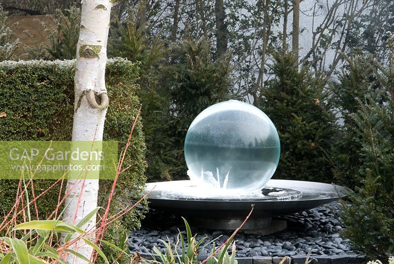 Allison Armour-Wilson's acrylic Aqualens - Acrylic ball water feature with icicles at the base and running water, Betula utilis jacquemontii and Cornus sanguinea 'Winter Beauty' at Richard Ayres' Garden, Lode, Cambridgeshire in March