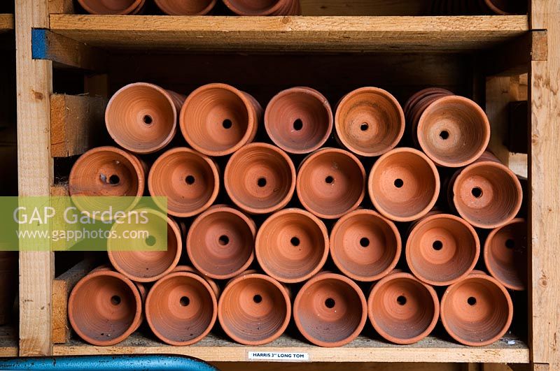 Flowerpots cleaned ready for use and stored according to size