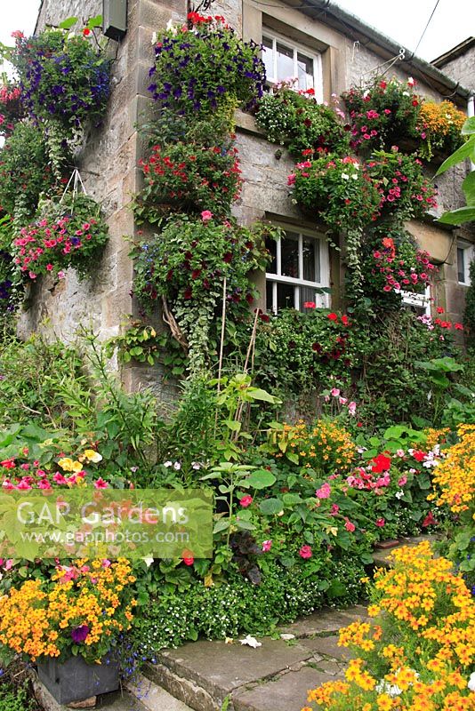 Colourful front garden with hanging baskets and containers in Derbyshire Dales 

