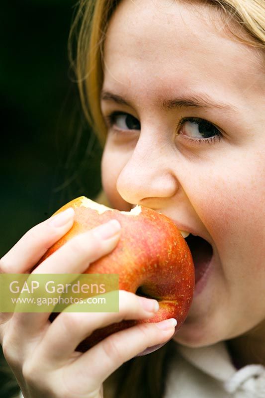 Malus'Opalescent' - Girl eating apple