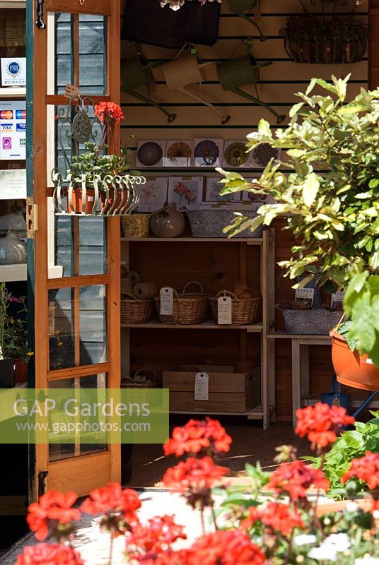 Entrance to Garden Shop with Pelargoniums in the foreground - Peapod Garden Shop and Plant Centre, La Hogue Farm, Chippenham, Newmarket