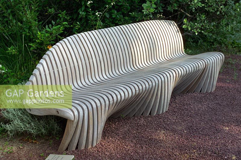 'Diamond Teak' by Barbara and Robert Tiffany - Bench in 'Benchmark' exhibition at Longhouse Reserve, Long Island, New York