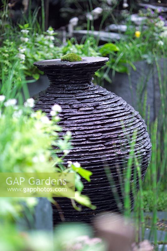 Slate urn built by Andrew Loudon for The Cumbrian Fellside Garden at RHS Chelsea Flower Show 2005 