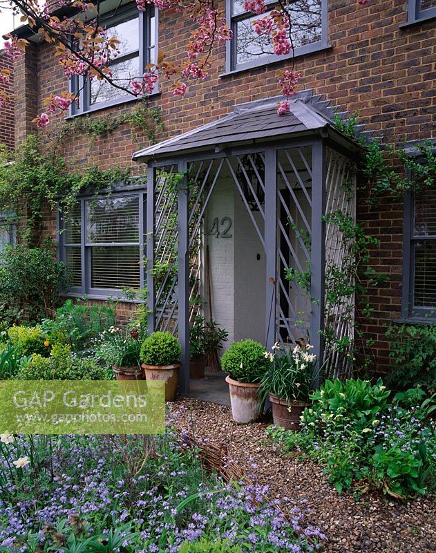 Front garden with grey porch, Buxus - Box topiary balls and gravel path in Spring