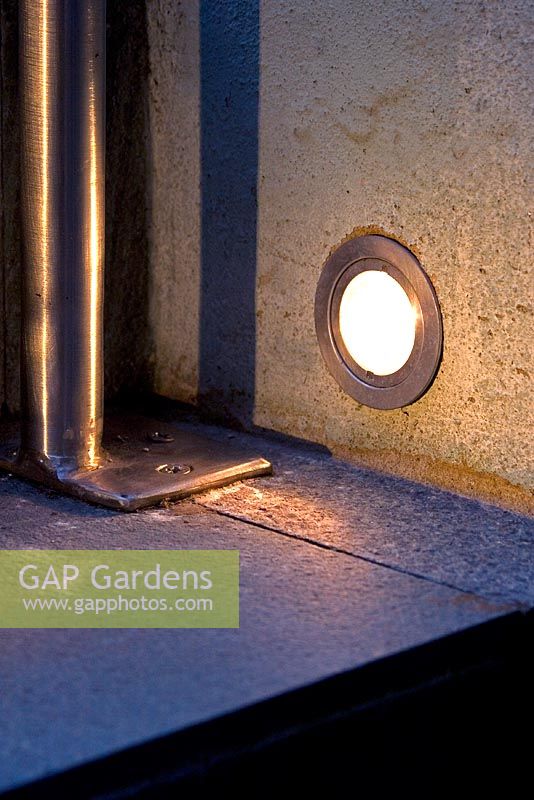 Stone steps lit by fully recessed and splash-proof mini lights