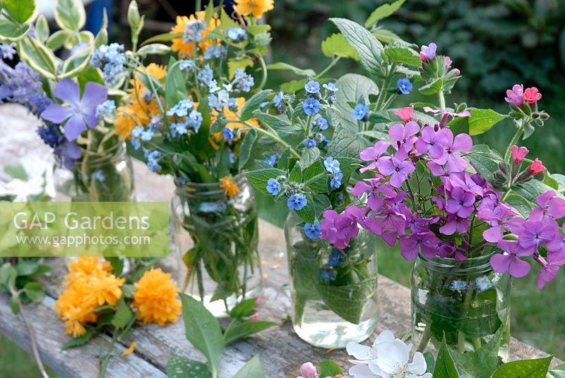 Glass jars of Spring flowers picked from the garden including Lunaria Annua - Honesty, Pulmonaria, Ancusa, Myosotis - Forget me nots, and Kerria Japonica - Jews Marrow. Vinca Major 'Elegantissima'  apple blossom on the bench
