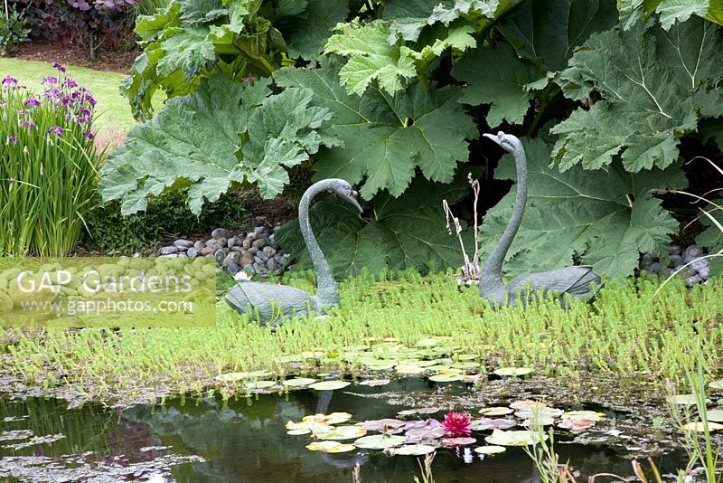 Swan ornaments beside pond - Ken-Caro Gardens, Cornwall
