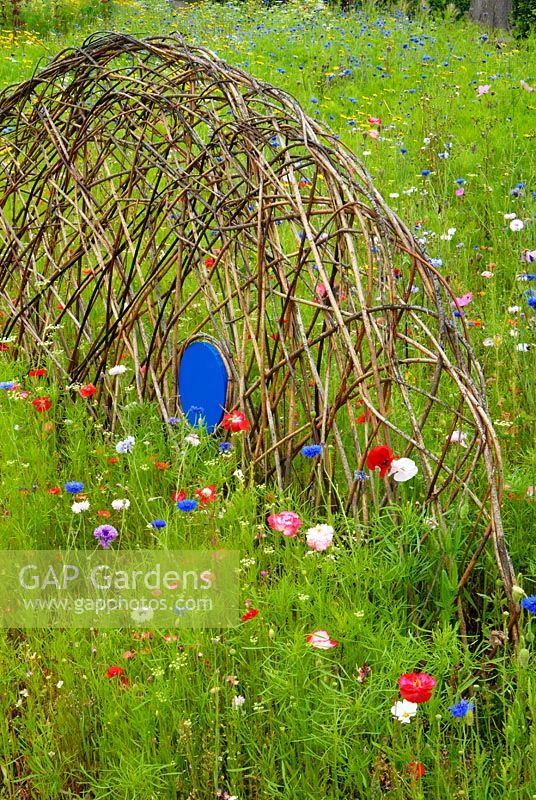 A meadow of flowering annuals with a whale created from woven willow in the Pirates and Mermaids Garden at The RHS Gardens Harlow Carr