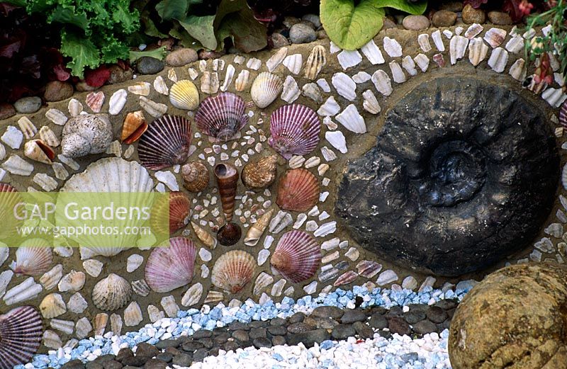 Detail of shell and fossil raised border -  Warren Farm Centre's 'The Essence of Life' courtyard garden Chelsea 2000