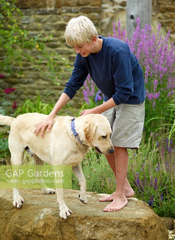 Young boy with dog in garden 