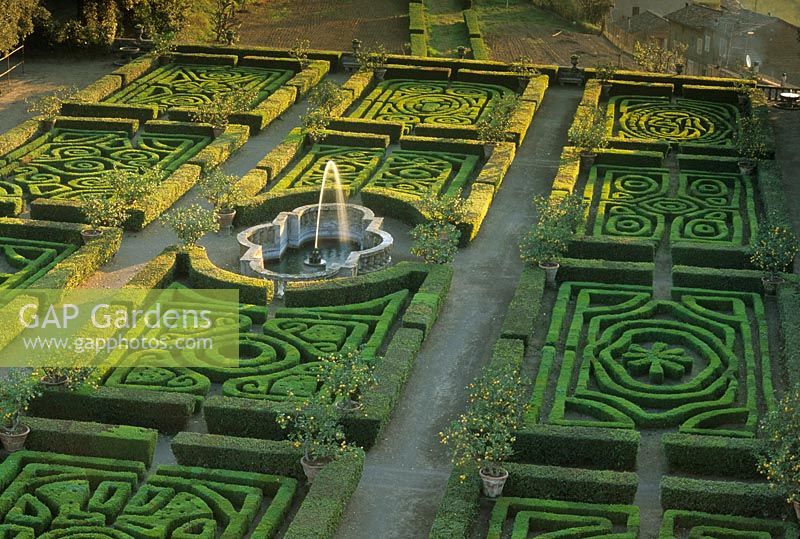 View of formal parterre garden from above with low Buxus hedging  - Vignanello, Rome, Italy