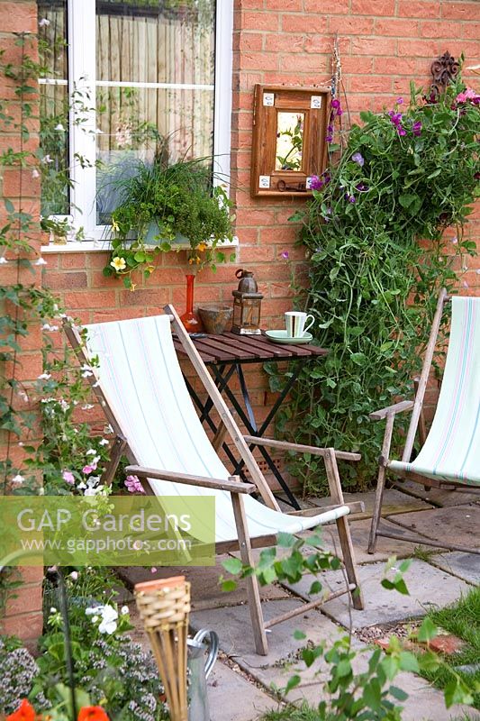 Small patio with deckchairs, table and Lathyrus odoratus - Sweet Peas