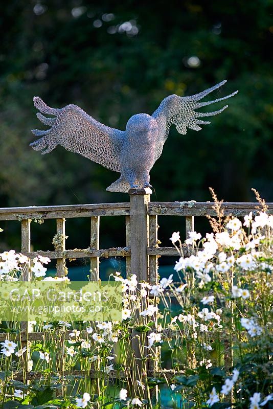 Owl sculpture made of wire netting, wooden lichen-covered fence and Japanese Anemone-Anemone x hybrida 'Honorine Jobert'
