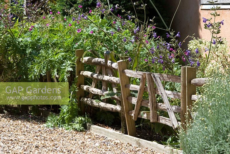 Miniature wooden fence holding back perennials in a south facing border by the potting shed