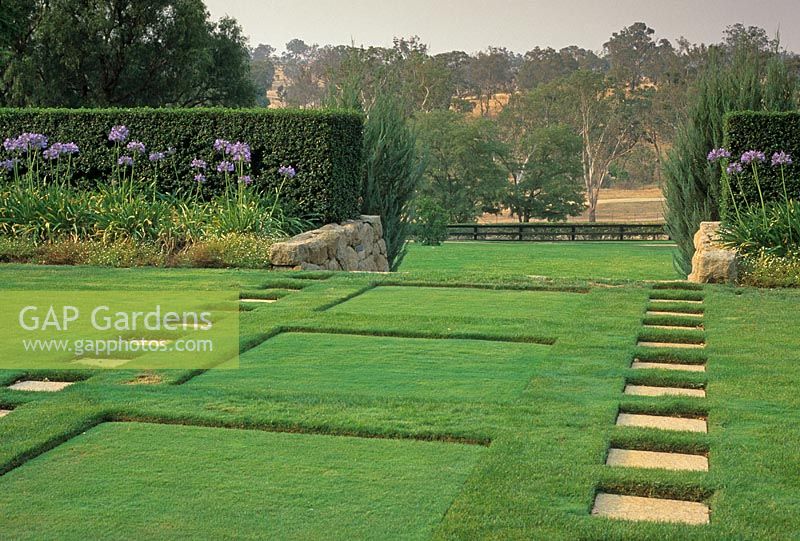 Paving slabs in lawn leading to gap in hedge and view beyond. Sunken squares in lawn. Borders of Agapanthus infront of hedges - Garangula, Harden, NSW Australia