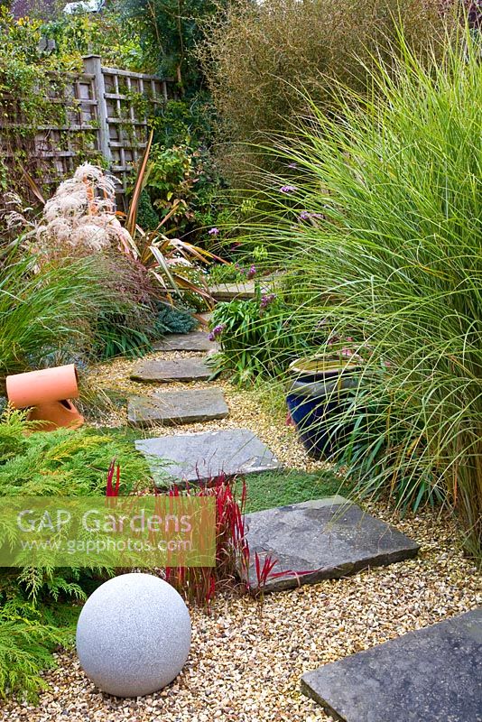 Stepping stone path through garden with Miscanthus 'Morning Light' and Imperata cylindrica 'Red Baron'