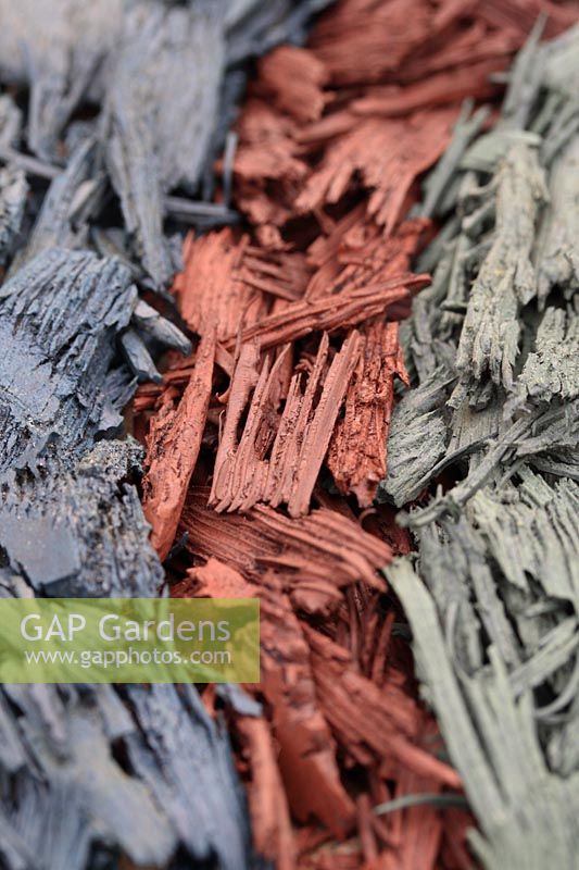 Detail of coloured rubber mulches made from recycled tyres