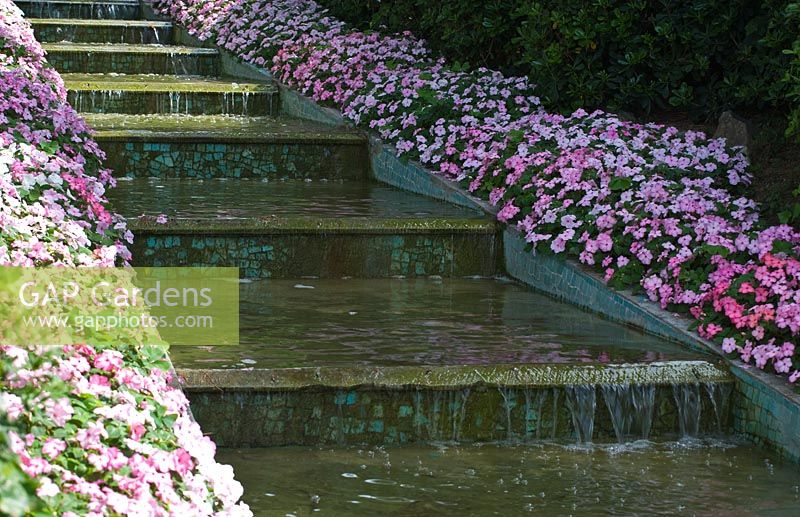 The rill edged with Impatiens - Busy Lizzies at Villa Ephrussi de Rothschild, Cap Ferrat, France