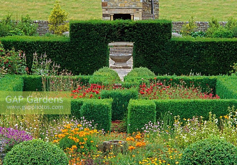 Flower garden including Lilium bulbiferum var. croceum, Alstroemeria aurea 'Dover Orange', Monarda didyma, Scabious and Geraniums, with box topiary and box and yew hedging - Herterton House, nr Cambo, Morpeth, Northumberland