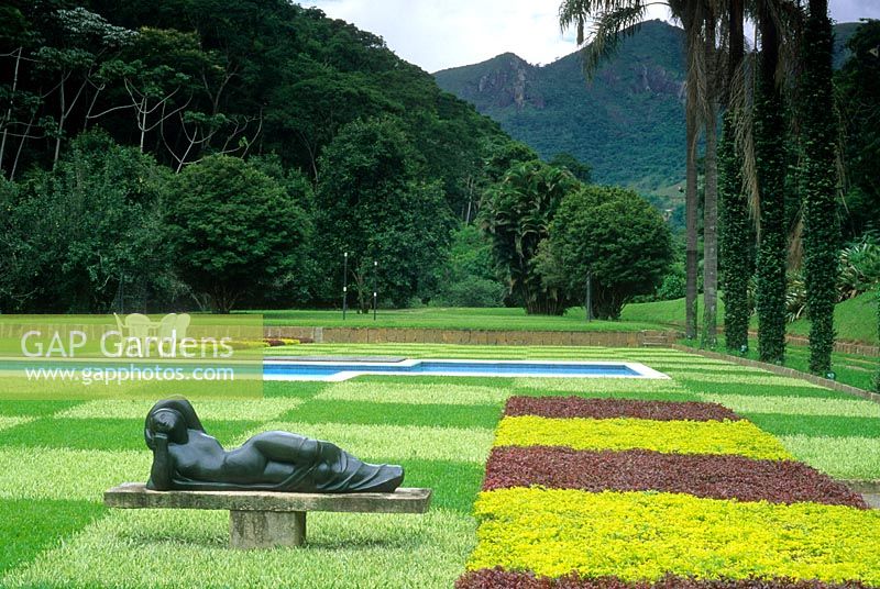 Unusual chequerboard design in lawn with , statue - Petropolis, Brazil
